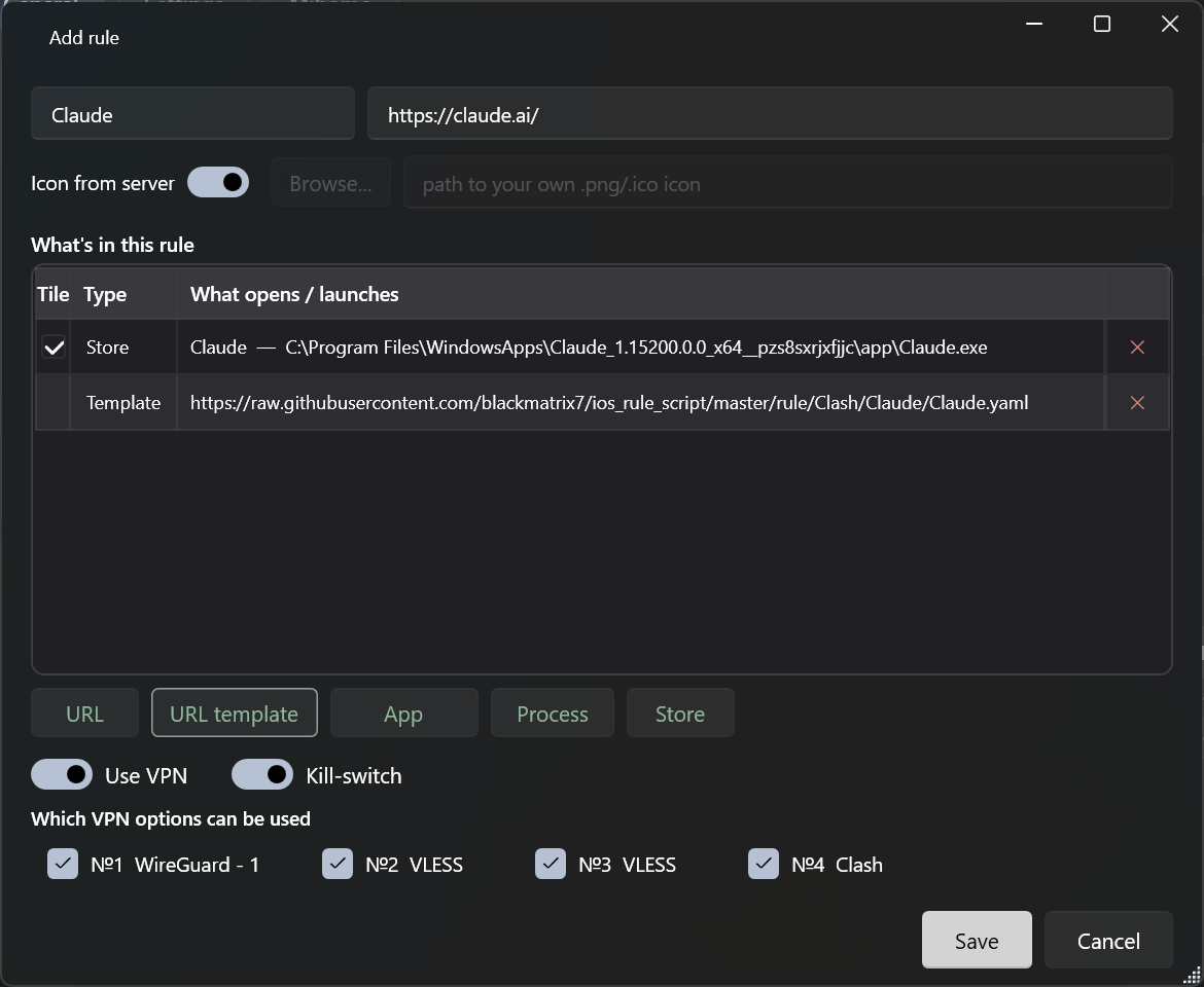 Окно редактирования правила Mihomo Launcher: в одном правиле приложение из Microsoft Store (Claude) и шаблон диапазонов blackmatrix7, тумблеры Use VPN и Kill-switch, выбор разрешённых VPN-узлов